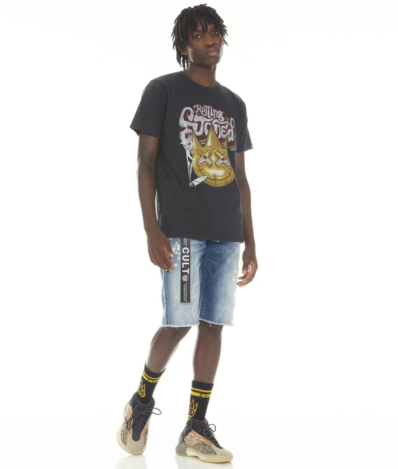 Cult Of Individuality T-Shirts<SHORT SLEEVE CREW NECK TEE "ROLLING STONED" IN /AC DC WASH BLACK