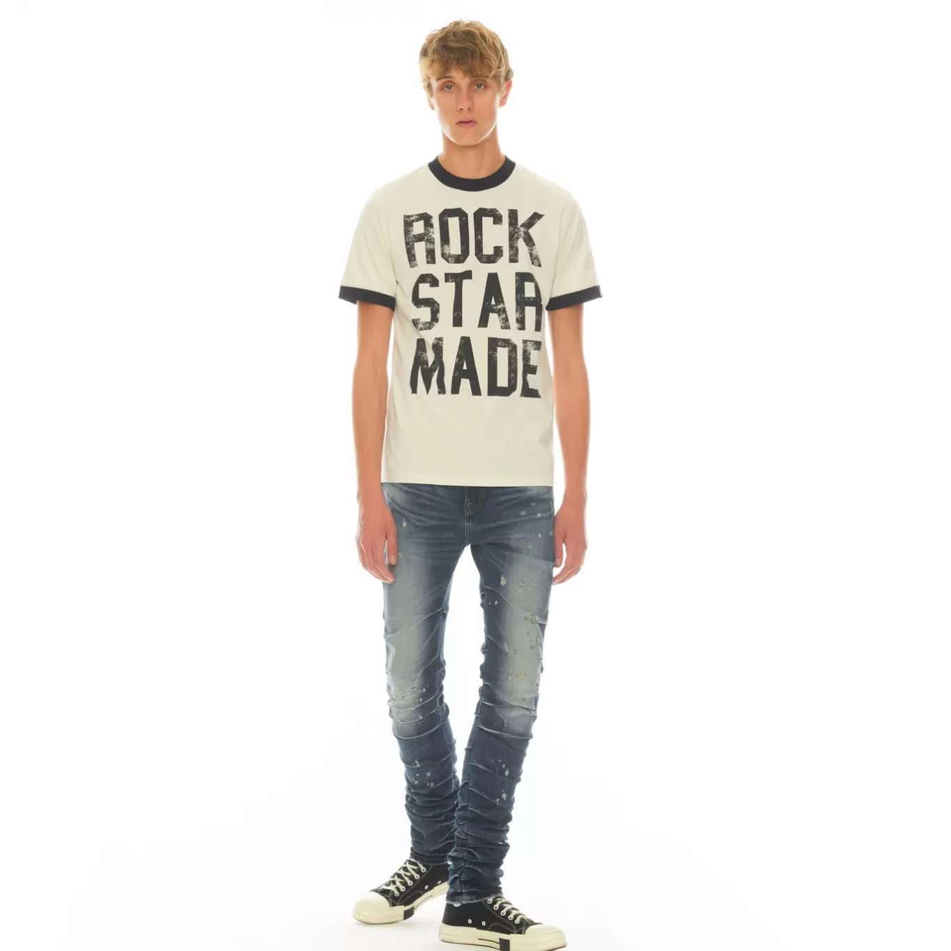 Cult Of Individuality T-Shirts<SHORT SLEEVE RINGER CREW NECK TEE 26/1'S "FUCK ME IM IN A BAND" IN WINTER WHITE